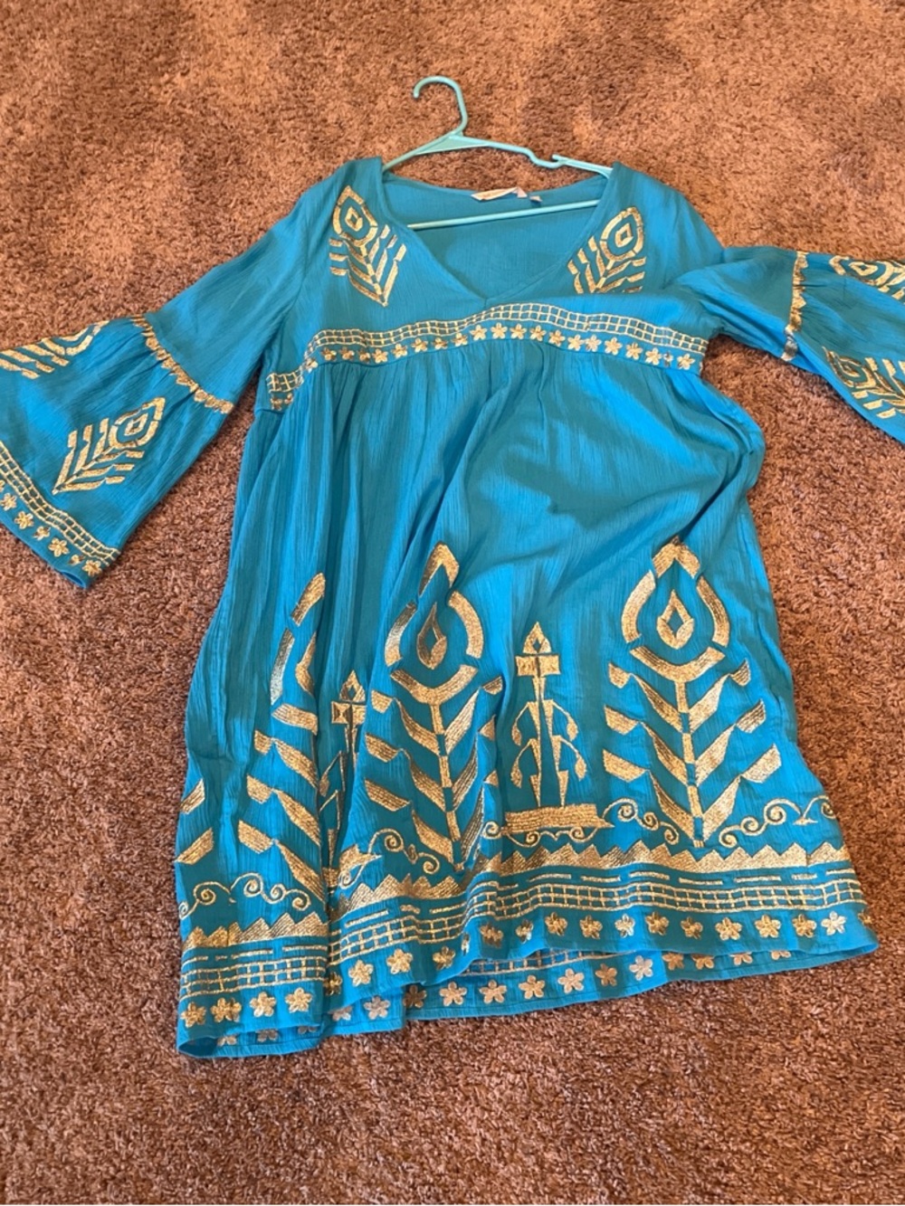 Soft surroundings, blue and shiny metallic gold bell sleeve dress